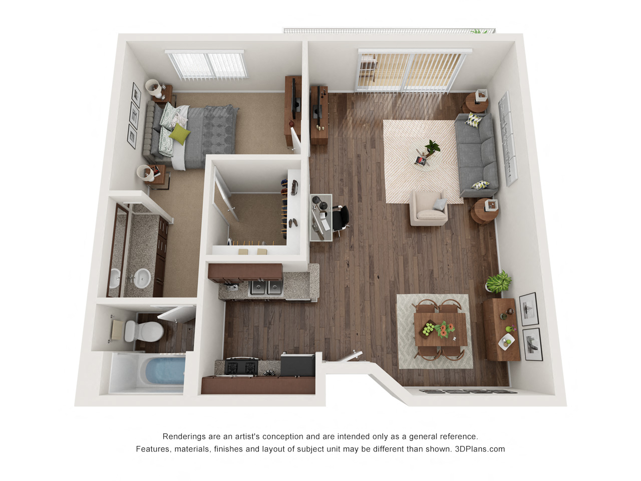 Floor plan for 1 bed, 1 bath, 718 sqft